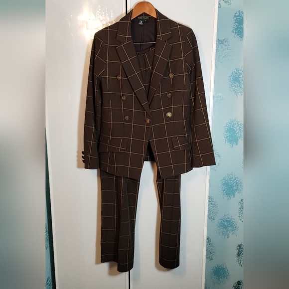 NWT Peace of Cloth Espresso Windowpane Steely Jacket + Pants Suit Set Sz M - Picture 4 of 5